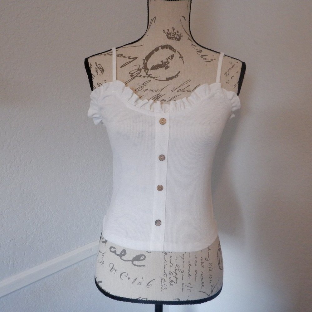 White Tank w/ Buttons & Frill Neck Trim
